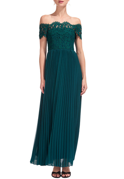 Whistles Emerald Bardot Off Shoulder Lace Pleated Gown | Wardrobista.com